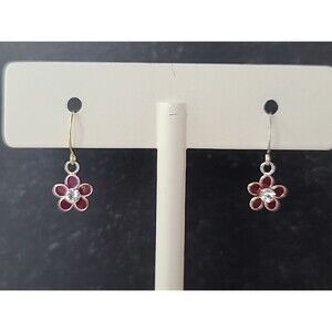 925 Sterling Silver Pink Enamel Flower Shaped Clear Rhinestone Dangling Earrings